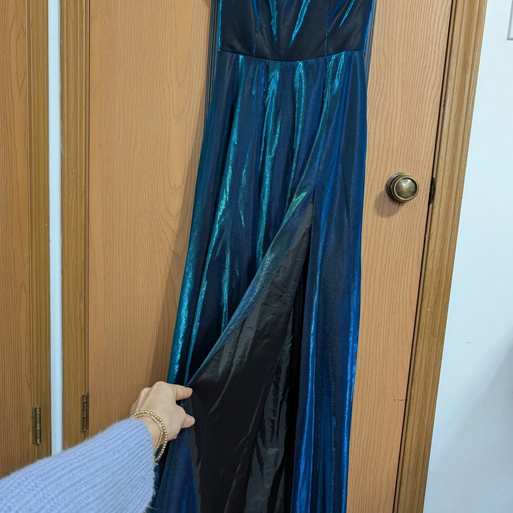 B. Darlin Black and Blue Shimmer Dress With Slit Prom Or MOB - Picture 4 of 11